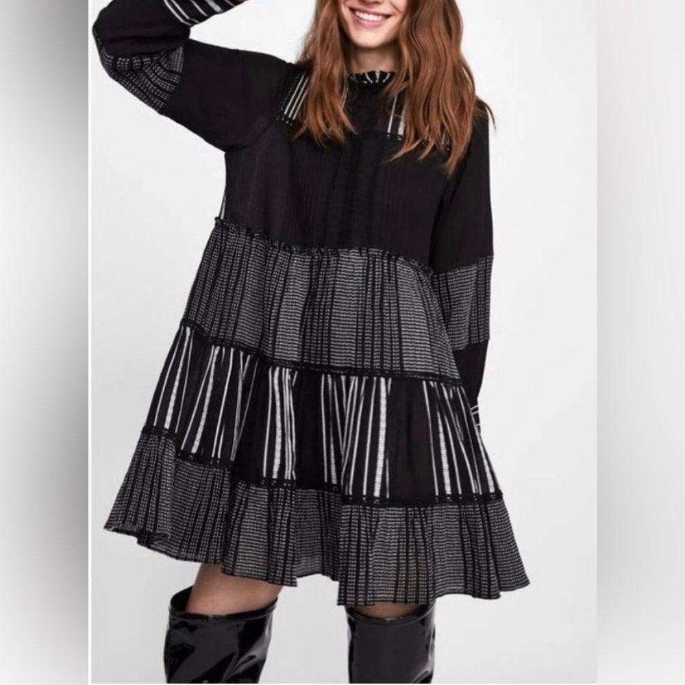 Zara Tiered Longsleeve Mini Dress Bohemian Cottage Core Highneck Gauzy Size M